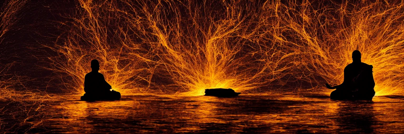 Prompt: a dark silhouette of a meditating monk on the river bank, pulsating waves of violet - gold energy emanate from the monk, hyper derailed 8 k,