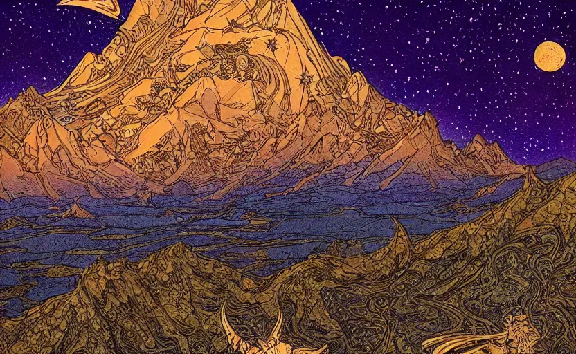 Prompt: mountains, stars and paisley filled sky, artstation, intricate, highly detailed, digital painting, concept art, sharp focus, illustration by Jean Claude Mézières and Ivan Bilibin
