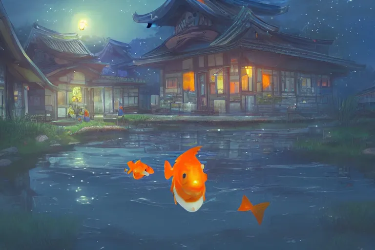 Prompt: fantasy art of glowing goldfish floating around houses in a japanese town at night, by makoto shinkai, close up, low angle, wide angle, highly detailed digital art, trending on artstation