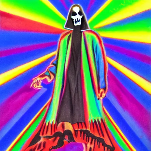 Image similar to the grim reaper wearing joseph's fantastic technicolor dreamcoat