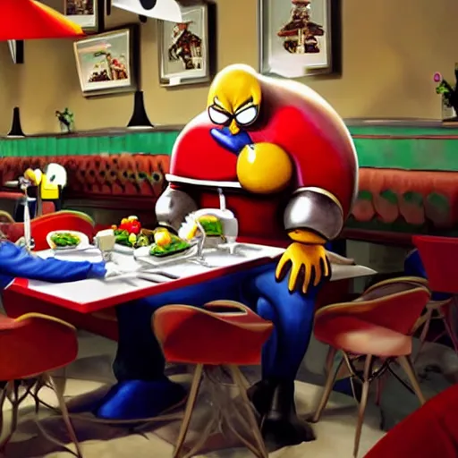Prompt: dr robotnik eating at an italian restaurant surrounded by robots from sonic