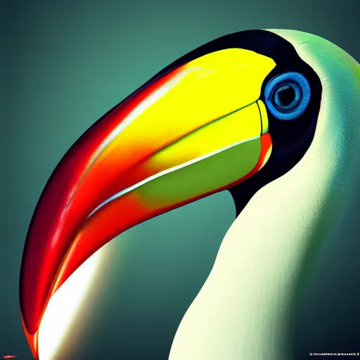 Image similar to photorealistic toucan. hyperdetailed photorealism, 1 0 8 megapixels, amazing depth, high resolution, 3 d shading, 3 d finalrender, 3 d cinematic lighting, glowing rich colors, psychedelic overtones, artstation concept art.