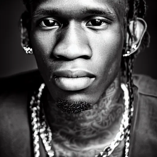 Prompt: a studio photograph of Young Thug, portrait, 40mm lens, shallow depth of field, close up, split lighting, cinematic