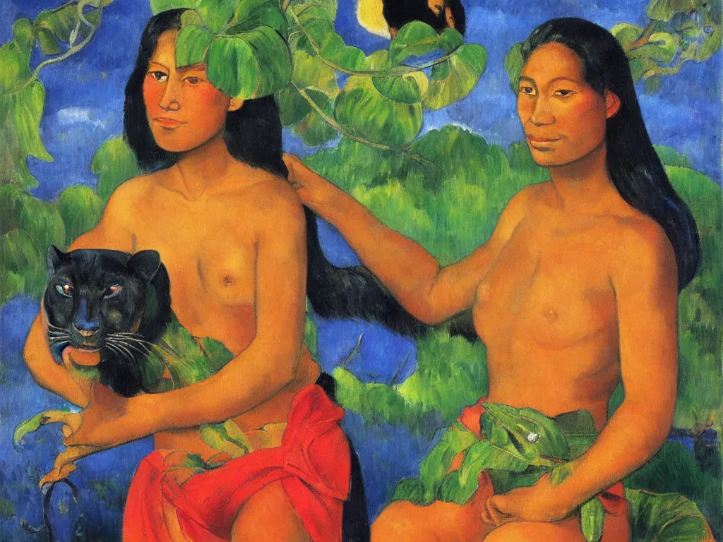 Image similar to Portrait of a Tahitian woman with panther. Lapis Lazuli, malachite, cinnabar. Painting by Gauguin, Agnes Pelton