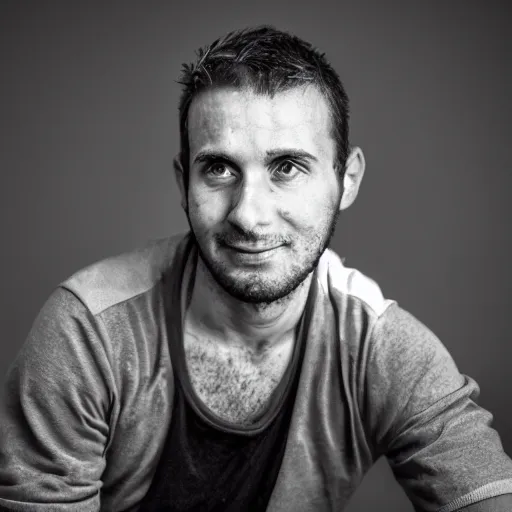 Image similar to portrait of a 3 0 years old frenchman in 2 0 2 0 seated. award winning photography, 5 0 mm, studio lighting, black and white, contrasted.