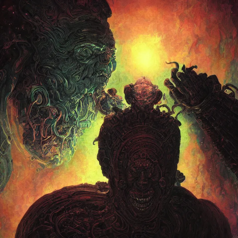 Prompt: a close - up view portrait of a silhouetted cosmic goblin praying with iridescent glow - fi baroque neoclassicist halls. detailed textures. glowing colourful fog, dark black background. highly detailed fantasy fiction painting by moebius, norman rockwell, frank frazetta, and syd mead. rich colors, high contrast. artstation