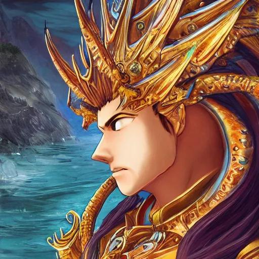 Prompt: a fish as a king highly detailed face, full body, fantasy art, style of masami kurumada, illustration, epic, fantasy, intricate, hyper detailed, artstation, concept art, smooth, sharp focus, ray tracing