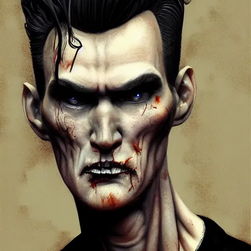 Image similar to portrait of a slim and young steven patrick morrissey as a zombie with a quiff, 7 days to die zombie, fine art, award winning, intricate, elegant, sharp focus, cinematic lighting, digital painting, 8 k concept art, art by z. w. gu, art by brom, art by michael hussar, 8 k