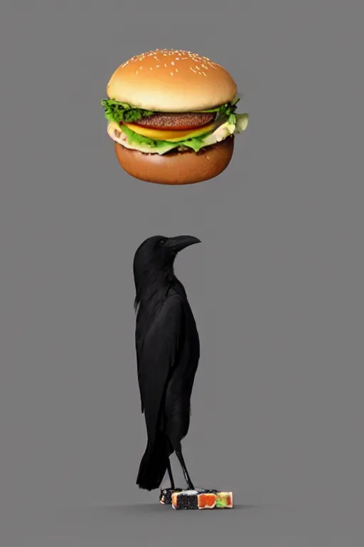 Image similar to a crow holding a cheeseburger, 3D render by beeple , octance render