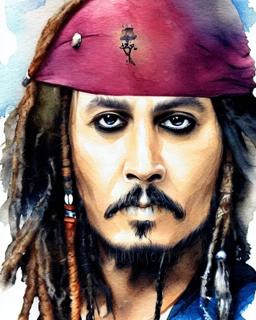 Image similar to portrait of captain jack sparrow, painterly style, matte illustration, watercolour