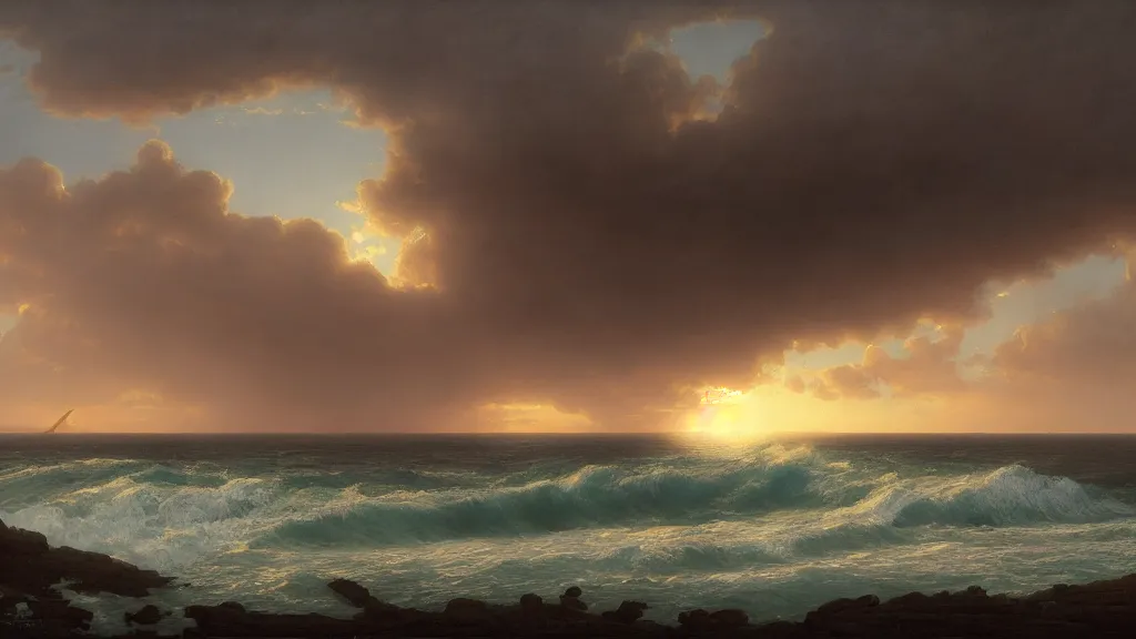 Image similar to first person view of breaking waves on the shore, moonlit , sea breeze rises in the air, by andreas rocha and john howe, and Martin Johnson Heade, featured on artstation, featured on behance, golden ratio, ultrawide angle, f32, well composed