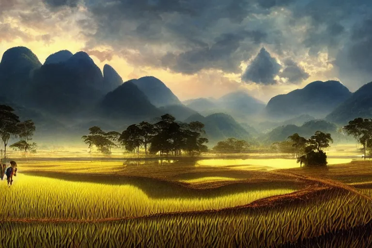 Image similar to a beautiful landscape illustration of Gunung Jerai, Yan, Malaysia with a paddy field, dramatic sky, cinematic lighting, wide angle, sunrise, award winning, 8K realistic art by artgerm and greg rutkowski and alphonse mucha