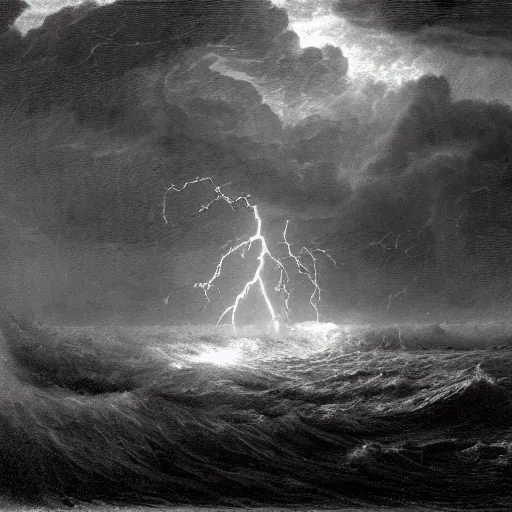 Image similar to drawing of pepe the frogs sailing through a lightning storm above a stormy ocean, by gustave dore, nineteenth century, black and white, vintage, science fiction, epic composition, dramatic lighting, highly detailed, cinematic horror, sci fi