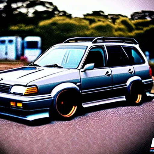 Image similar to 1990s subaru forester drift at illegal car meet, Chiba prefecture, city midnight mist lights, cinematic lighting, photorealistic, highly detailed wheels