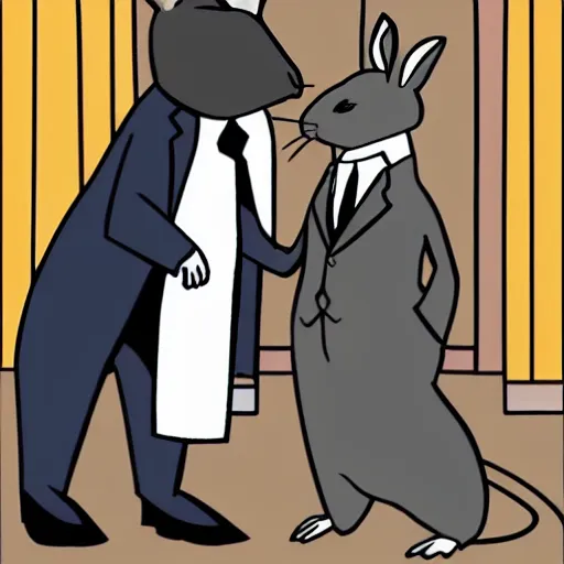 Prompt: a mouse in a suit shaking hands with a rabbit in a suit. Cartoon