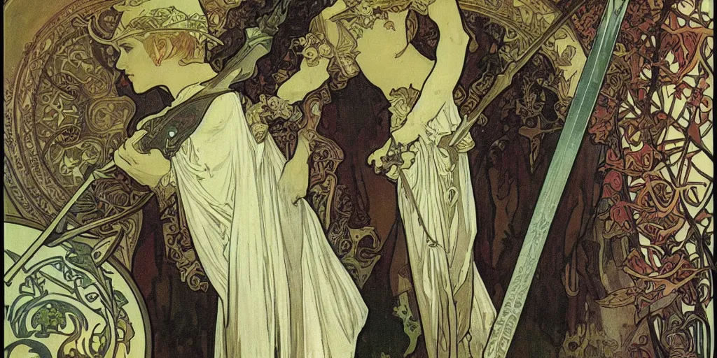 Image similar to An elf prince with a sword ,alphonse mucha