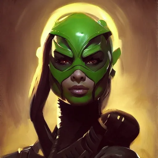 Prompt: greg manchess portrait painting of jade from mortal kombat as overwatch character, medium shot, asymmetrical, profile picture, organic painting, sunny day, matte painting, bold shapes, hard edges, street art, trending on artstation, by huang guangjian and gil elvgren and sachin teng