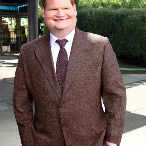Prompt: Andy Richter is wearing a chocolate brown suit and necktie. Andy is standing outside in the bright sun. His face is glistening with sweat.