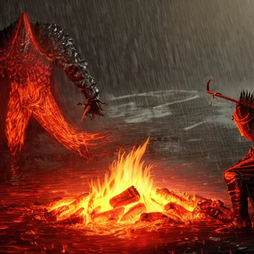 Prompt: soul of cinder boss from dark souls 3 sitting near a camp fire, evening time, heavy rain, rain water reflections in ground, digital illustration, crisp details, highly detailed art, 8k image quality, full body camera shot