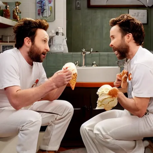 Image similar to Charlie Day and Rob McElhenney, kneeling down eating ice cream out of a white toilet bowl together, norman Rockwell