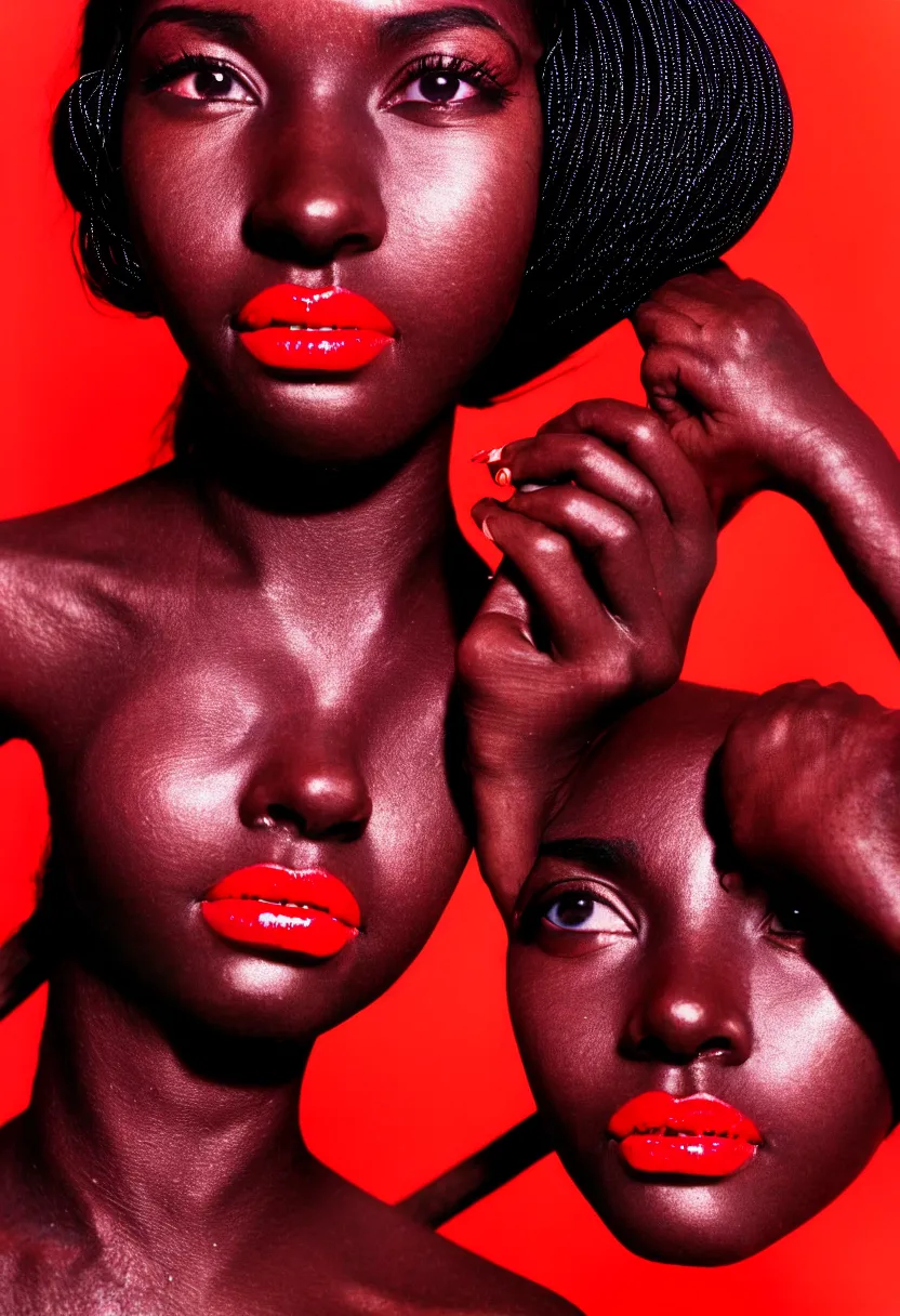 Image similar to medium shot, photograph of alluring dark skin young woman looking into camera, red lipstick, hundreds of cables and wires tightly wrapped around face and body, sharp focus,, chromatic abberations, as fashion editorial 90s, kodak ektachrome