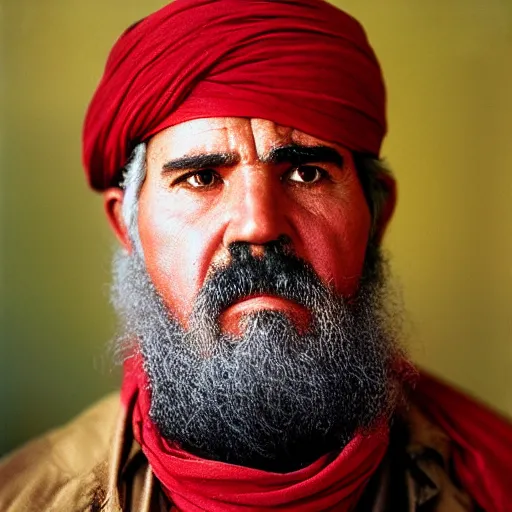 Image similar to portrait of president chester a arthur as afghan man, green eyes and red scarf looking intently, photograph by steve mccurry