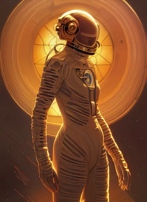 Image similar to psychoslayer, woman astronaut, intricate abstract. being entered by machine, portrait, highly detailed, deep focus, elegant, golden hour, elegant, highly detailed, digital painting, artstation, concept art, smooth, sharp focus, illustration, art by artgerm and greg rutkowski and alphonse mucha