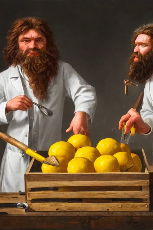 Prompt: a hyperrealistic portrait of two cavemen performing surgery on a crate of lemons with tools made of bubblegum , 8k