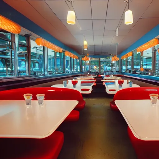 Prompt: 2 0 0 1 y 2 k diner, tables repeat endlessly 8 5 mm f / 1 1 interior photography two point perspective