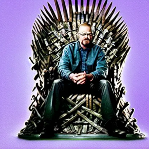 Prompt: “Very photorealistic photo of Walter White sitting on the Iron Throne from Game of Thrones, award-winning details”