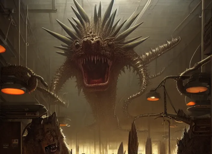 Prompt: scene inside a gas station with harsh industrial lighting, giant monstrous aggressive spiked creature screaming at the camera, epic science fiction horror digital matte painting by Moebius and Mark Brooks (and Greg Rutkowski), extremely detailed, artstation