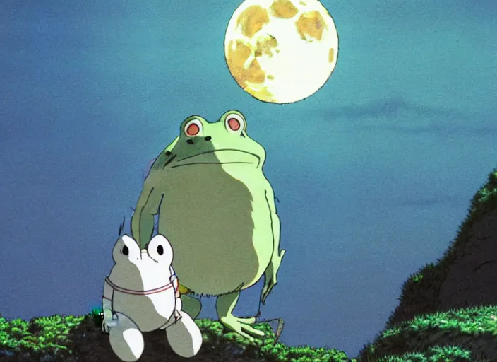 Prompt: a still from a studio ghibli movie of a cartoon frog man from princess mononoke ( 1 9 9 7 ), in front of a pale full moon, full body, wide shot, very dull muted colors, studio ghibli, highly detailed, deviantart, art by artgem