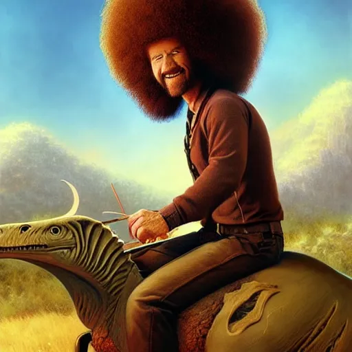 Image similar to bob ross!!! riding!!! a dinosaur!!, giant afro!, model pose, ultra realistic, concept art, intricate details, highly detailed, photorealistic, octane render, 8 k, unreal engine. art by artgerm and greg rutkowski and alphonse mucha