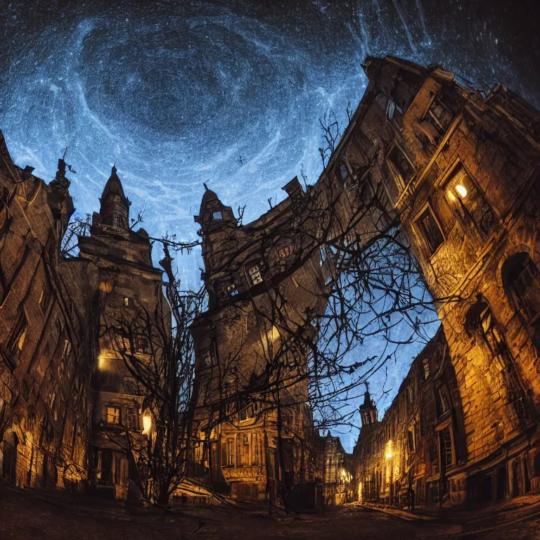 Image similar to An 18th century (lovecraftian) gothic city at night with a star filled sky. Greasy luminescent cables are emerging from cracks on the ground. Low angle shot, super wide shot, fish eye, 4k.