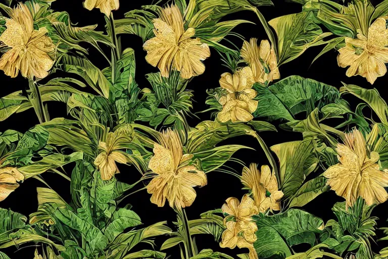 Prompt: photorealistic print of exotic, elegant tropical prints, isolated in a black background : : green surreal plants, golden flowers, art nouveau, desaturate, trending on artstation