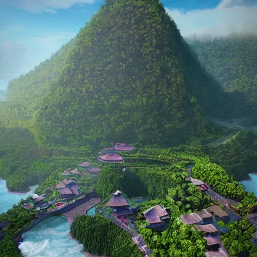 Image similar to A beautiful, perfect, impressive, amazing concept art digital CG painting of a place in Bali, trending on ArtStation, Unreal Engine