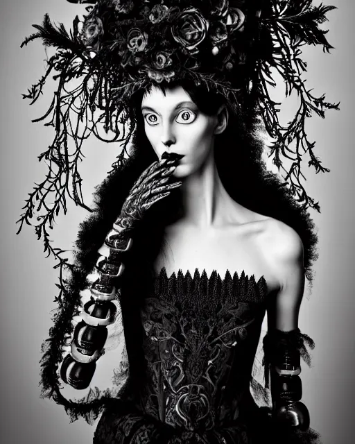 Prompt: surreal dark poetic black and white photo portrait of complex bio-mechanical beautiful young silver female vegetal-cyborg with a fur metal fine lace face, a very long neck and a fine metal floral foliage super big gothic lace collar and high floral crown by Vivienne Westwood:: smoke, high fashion, haute couture, rococo, avant-garde, dry black roses, silver filigree details, anatomical, facial muscles, cable wires, microchip, elegant, dreamy, foggy atmosphere, hyper realistic, 150 mm lens, soft rim light, octane render, unreal engine, picture was taken in 1910 by Man Ray, volumetric lighting, dramatic light,8k,