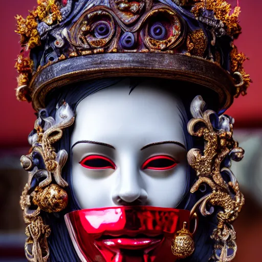 Image similar to highly detailed portrait photography steered gaze of a stern face, wearing a red venetian mask, in autumn, 105mm f2.8 at the grand budapest hotel