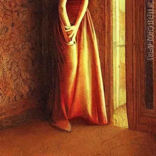 Image similar to an elegant girl in a liminal abandoned room, red and gold, old polaroid by botticelli, by moebius, digital painting, jugendstil, art noveau, strong lights, flat colors, pastel colors,