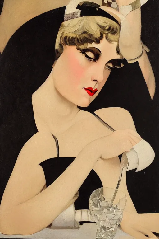 Image similar to a oil painting depicting a Jazz Age high society figure, 1920s style, smooth, highly detailed, high contrast, Coles Phillips, Dean Cornwell, JC Leyendecker, 8K