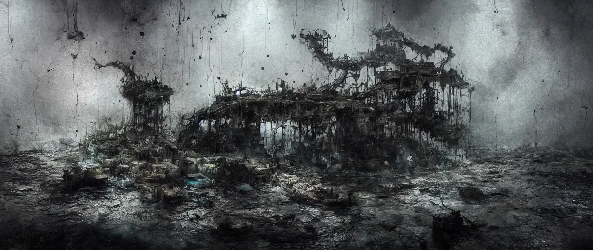 Image similar to wet collodion photography of sunken city of r'lyeh with non - euclidean geometry by emil melmoth zdzislaw beksinki craig mullins yoji shinkawa realistic render ominous detailed photo atmospheric by jeremy mann francis bacon and agnes cecile ink drips paint smears digital glitches glitchart