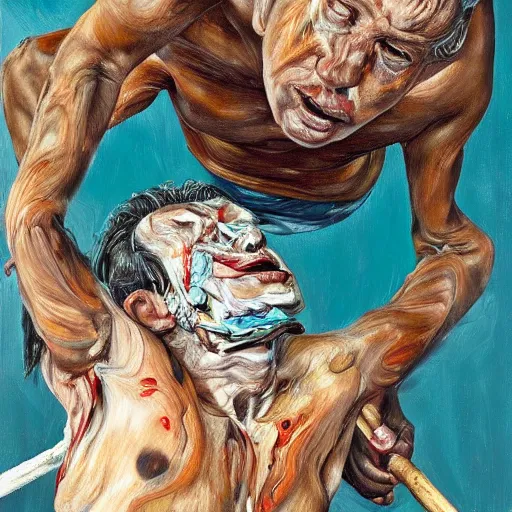 Image similar to high quality high detail painting by lucian freud and jenny saville, hd, crazy man with an axe, turquoise