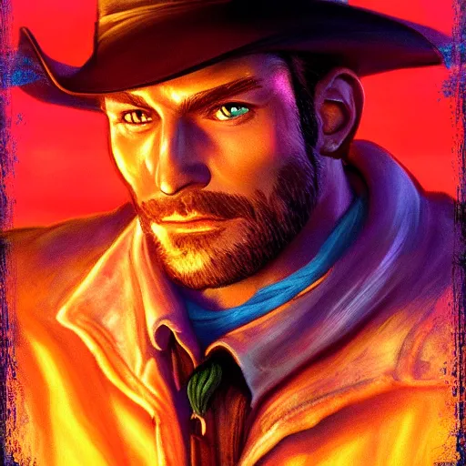 Image similar to Bright, colorful, realistic cowboy rpg single individual headshot dramatic backlighting, kodachrome, high contrast, highly detailed, sharp focus, digital painting, concept art, illustration, trending on artstation, comic book by Alex Ross cover art