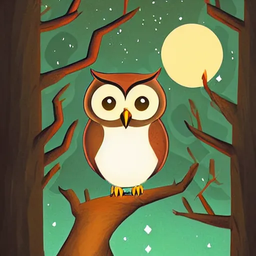 Image similar to a cute cartoon picture of an adorable owl of athena!! next to a a jar of fireflies! in the woods, a storybook illustration by arabella rankin and nyuju stumpy brown, behance contest winner, context art, storybook illustration, pop surrealism, nightscape, digital illustration