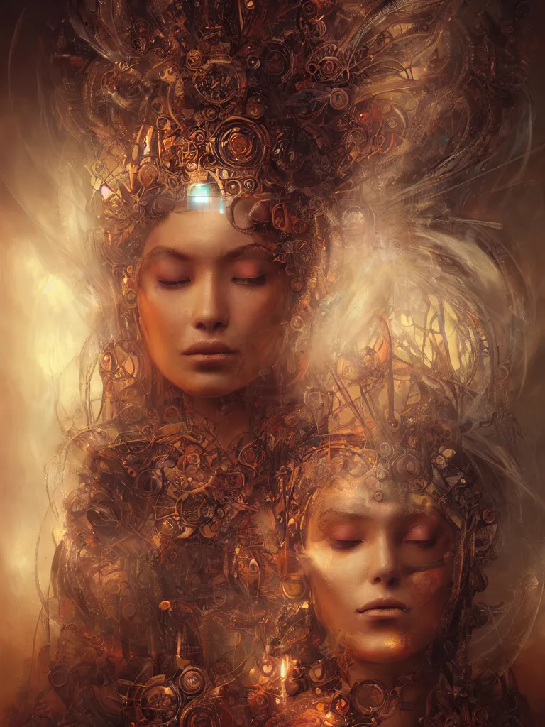 Image similar to an ancient mystical alluring female shaman generating flowing energy and surrounded by wisps of incense smoke sits meditating in a magical cybernetic robot temple, face face face, by karol bak, 3 d, cinema 4 d render, trending on artstation