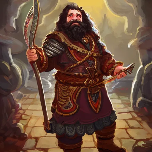 Image similar to dwarven male bard in a tavern full frame, d & d style, trending on artstation, colorful, intricate, art by kev chan