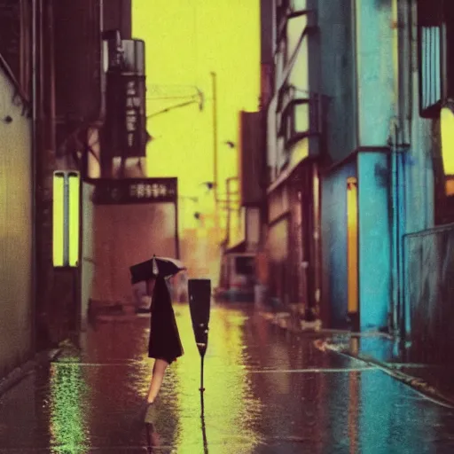 Image similar to 1990s perfect 8K HD professional cinematic photo of close-up japanese schoolgirl walking in dystopian alleyway with neon signs, at evening during rain, at instagram, Behance, Adobe Lightroom, with instagram filters, depth of field, taken with polaroid kodak portra