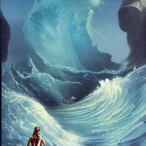 Image similar to by peter andrew jones, by rebeca saray tranquil. the installation art of a huge wave about to crash down on three small boats. the boats are filled with people, & they all look terrified.