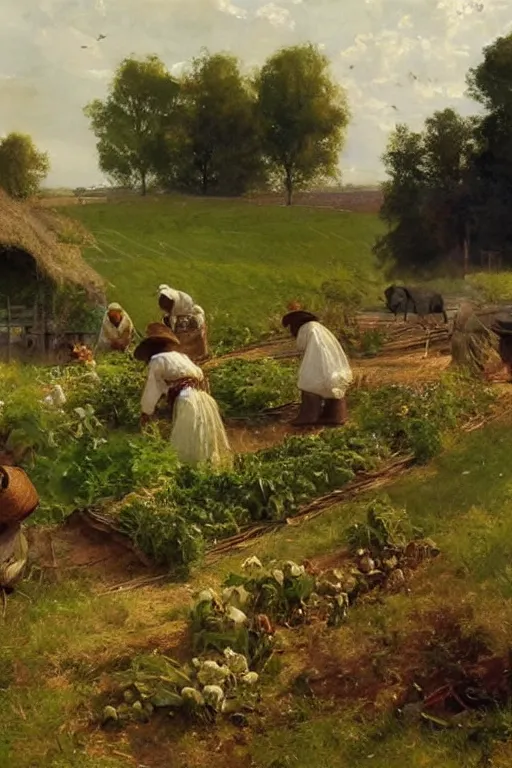 Image similar to simple amish farmers tending to their cottage vegetable gardens, art by anders zorn, wonderful masterpiece by greg rutkowski, beautiful cinematic light, american romanticism thomas lawrence, greg rutkowski