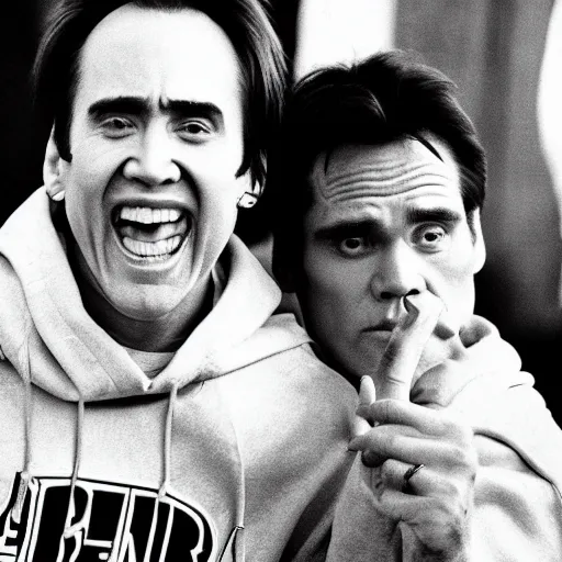 Image similar to nicolas cage and jim carrey as a rappers in a hoodie 1996